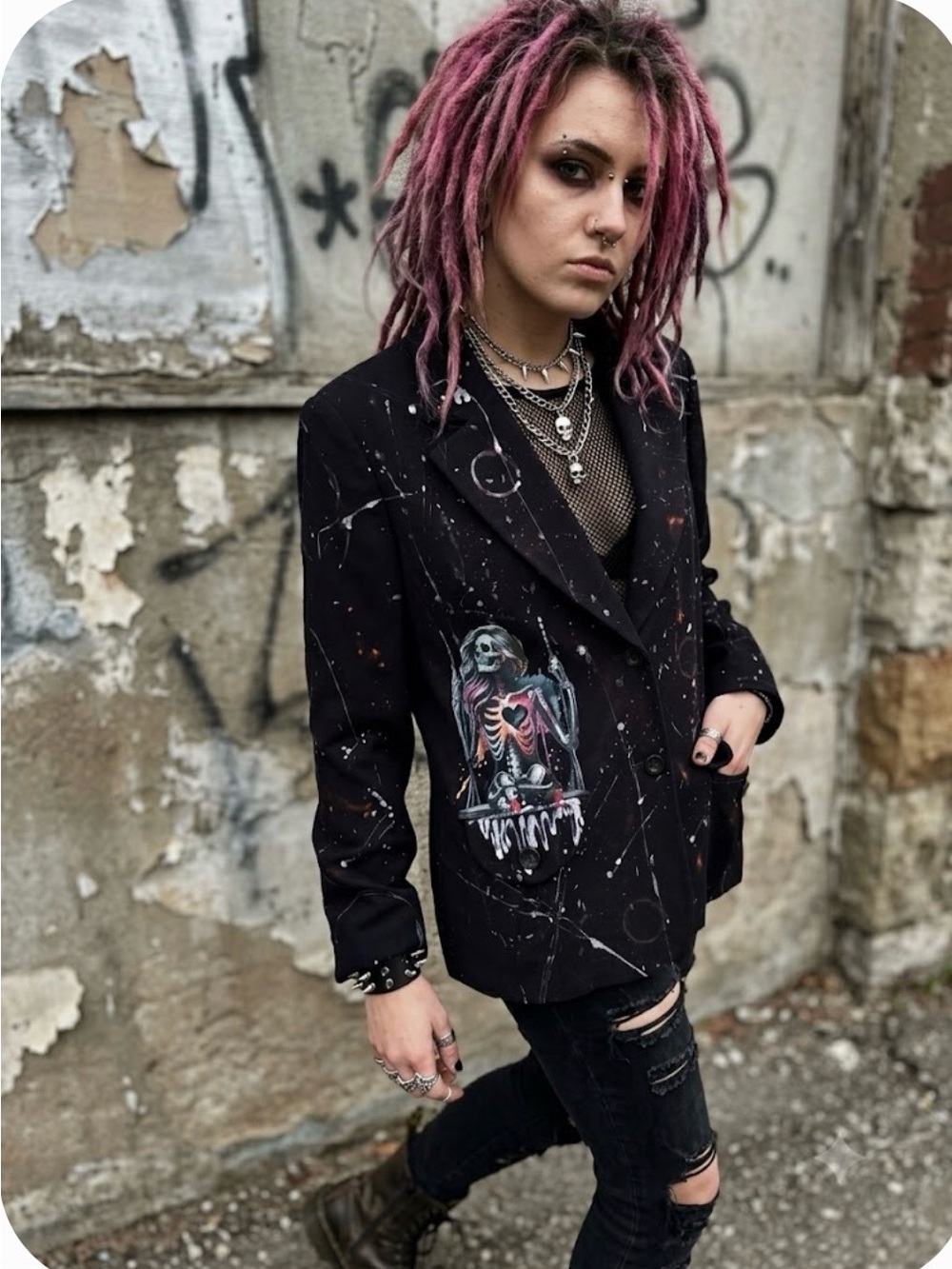 Custom Upcycled Handpainted Gothic Skeleton & Floral Blazer - One of a Kind